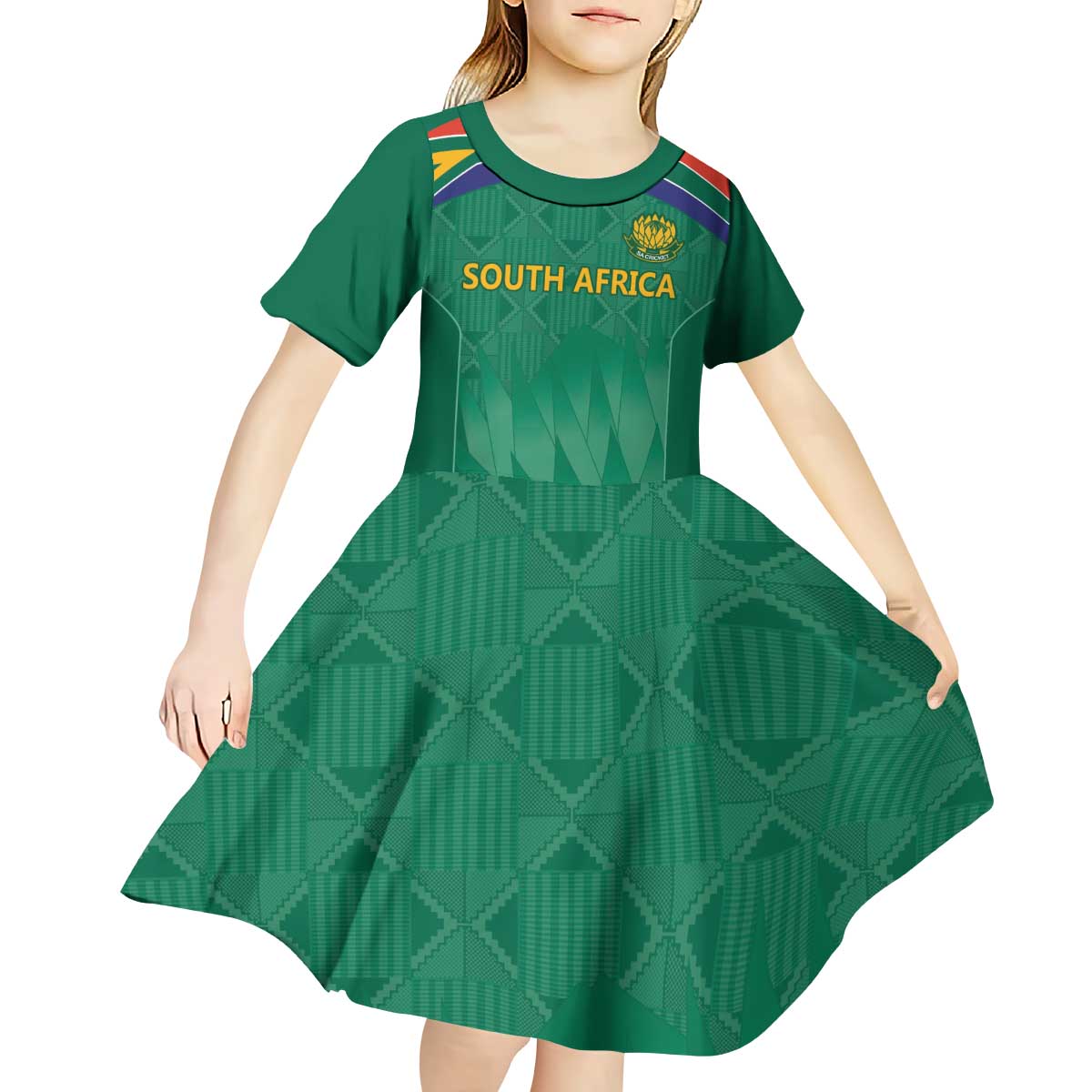 South Africa Cricket Custom Kid Short Sleeve Dress Proteas Green - Wonder Print Shop