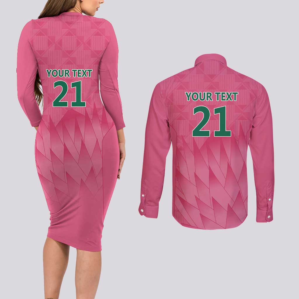South Africa Cricket Custom Couples Matching Long Sleeve Bodycon Dress and Long Sleeve Button Shirt Proteas Pink LT9 - Wonder Print Shop