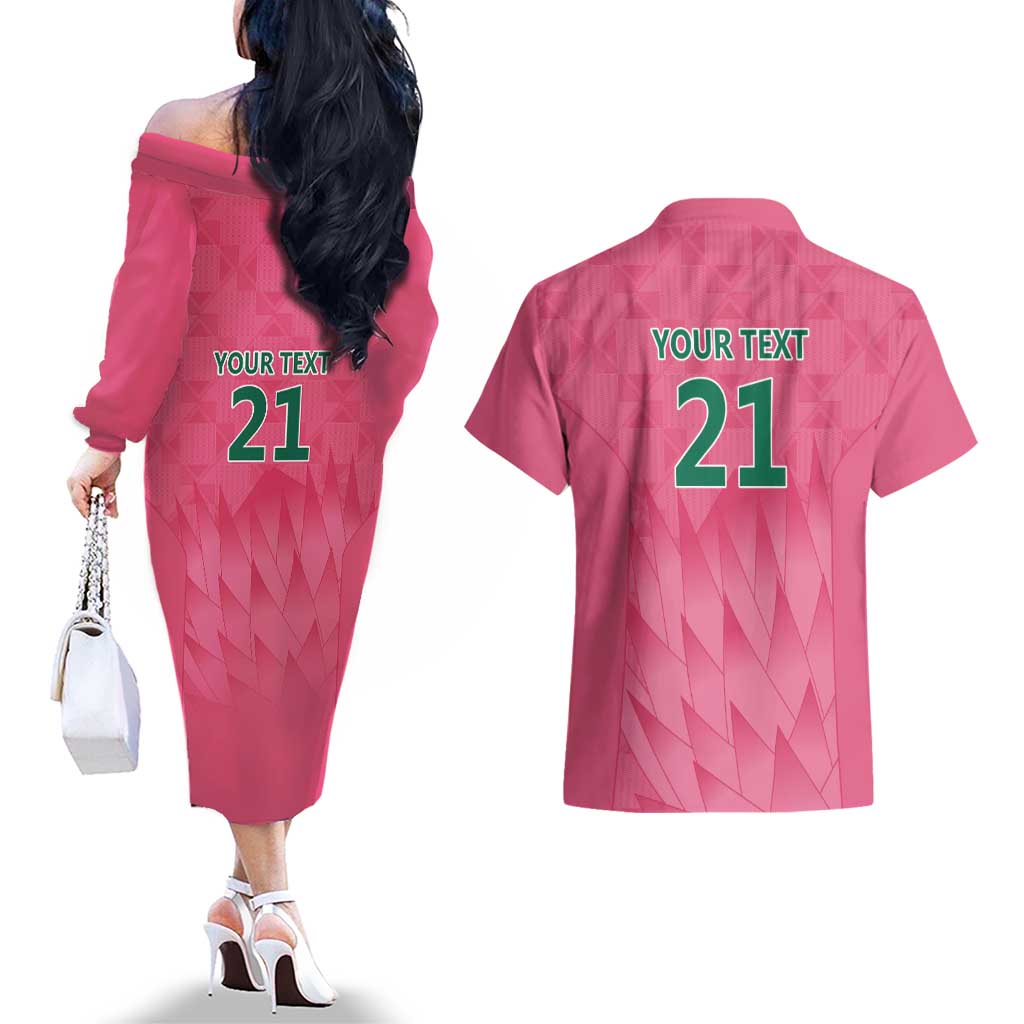 South Africa Cricket Custom Couples Matching Off The Shoulder Long Sleeve Dress and Hawaiian Shirt Proteas Pink LT9 - Wonder Print Shop
