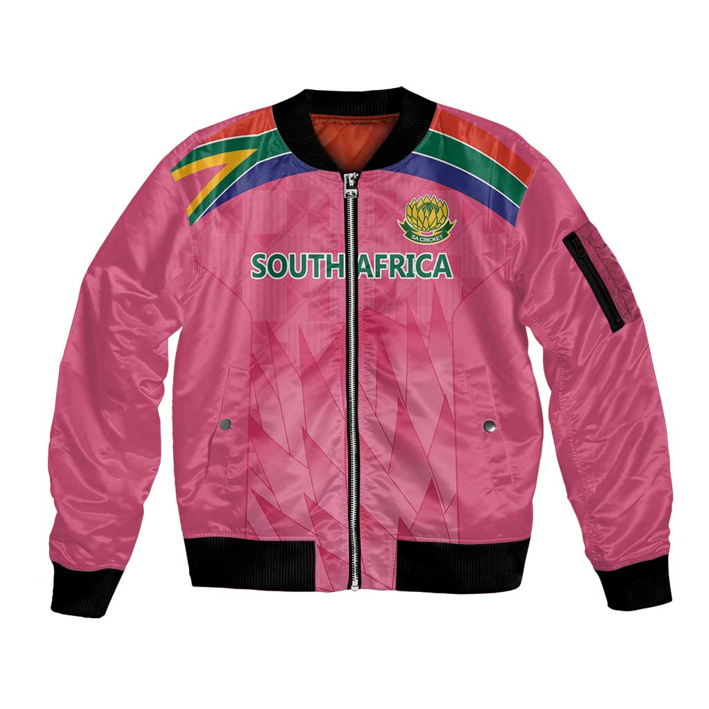 South Africa Cricket Custom Sleeve Zip Bomber Jacket Proteas Pink - Wonder Print Shop