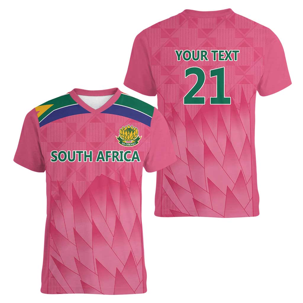 South Africa Cricket Custom Women V-Neck T-Shirt Proteas Pink - Wonder Print Shop