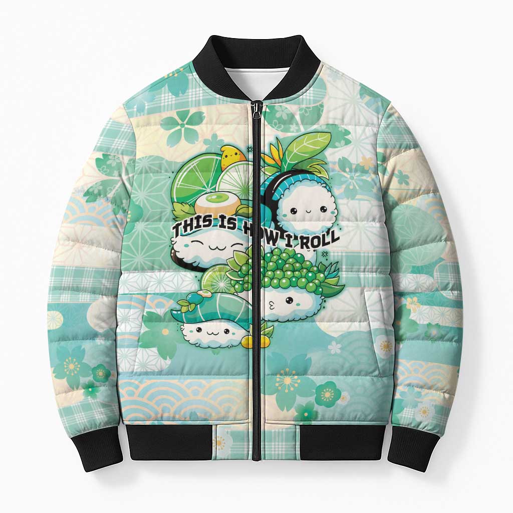 Personalized Japanese Kawaii Sushi Bomber Puffer Jacket Green Wagara Palaka This Is How I Roll - Wonder Print Shop