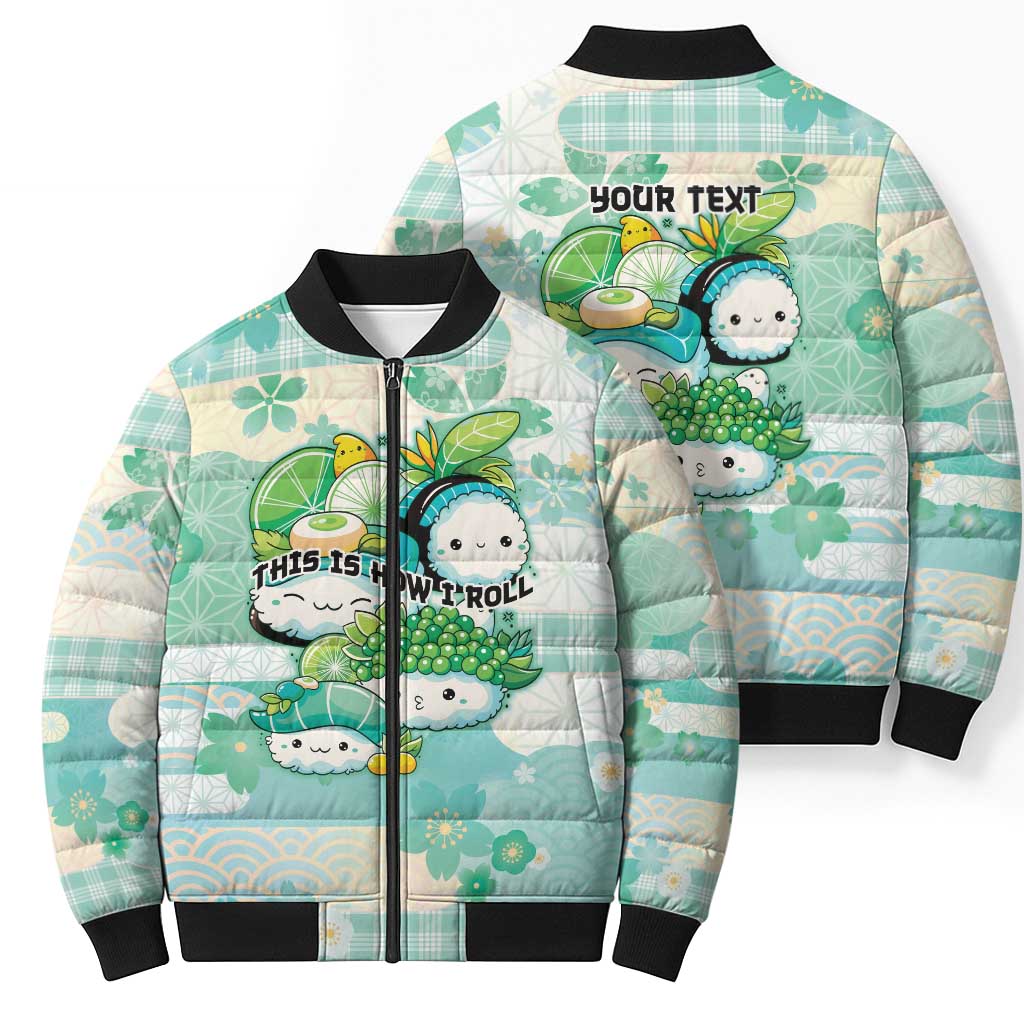 Personalized Japanese Kawaii Sushi Bomber Puffer Jacket Green Wagara Palaka This Is How I Roll - Wonder Print Shop