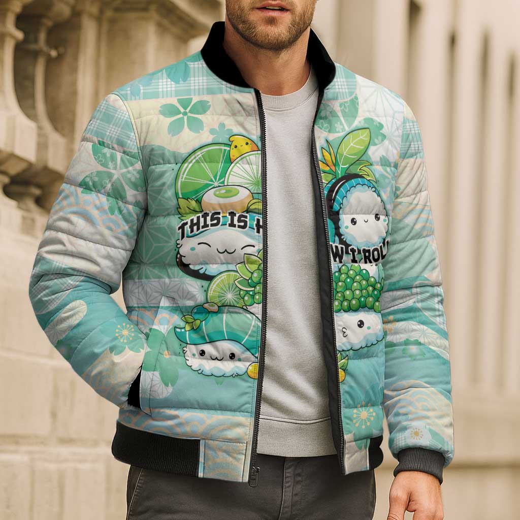 Personalized Japanese Kawaii Sushi Bomber Puffer Jacket Green Wagara Palaka This Is How I Roll - Wonder Print Shop