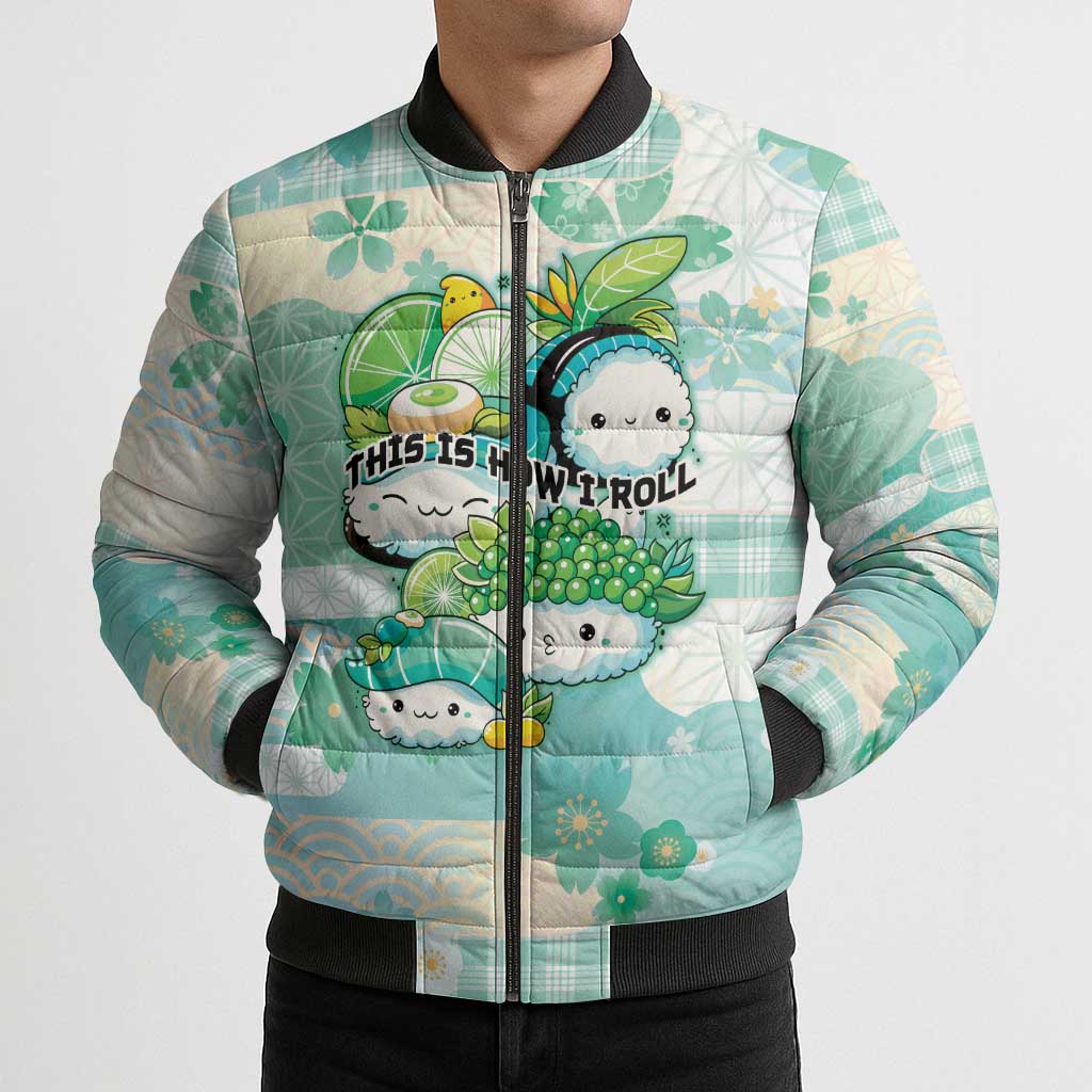 Personalized Japanese Kawaii Sushi Bomber Puffer Jacket Green Wagara Palaka This Is How I Roll - Wonder Print Shop