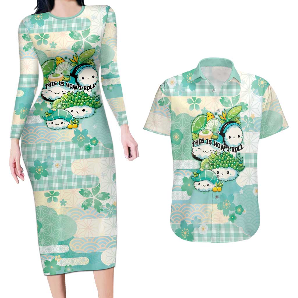 Personalized Japanese Kawaii Sushi Couples Matching Long Sleeve Bodycon Dress and Hawaiian Shirt Green Wagara Palaka This Is How I Roll - Wonder Print Shop