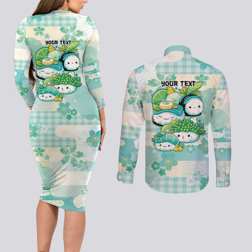 Personalized Japanese Kawaii Sushi Couples Matching Long Sleeve Bodycon Dress and Long Sleeve Button Shirt Green Wagara Palaka This Is How I Roll - Wonder Print Shop