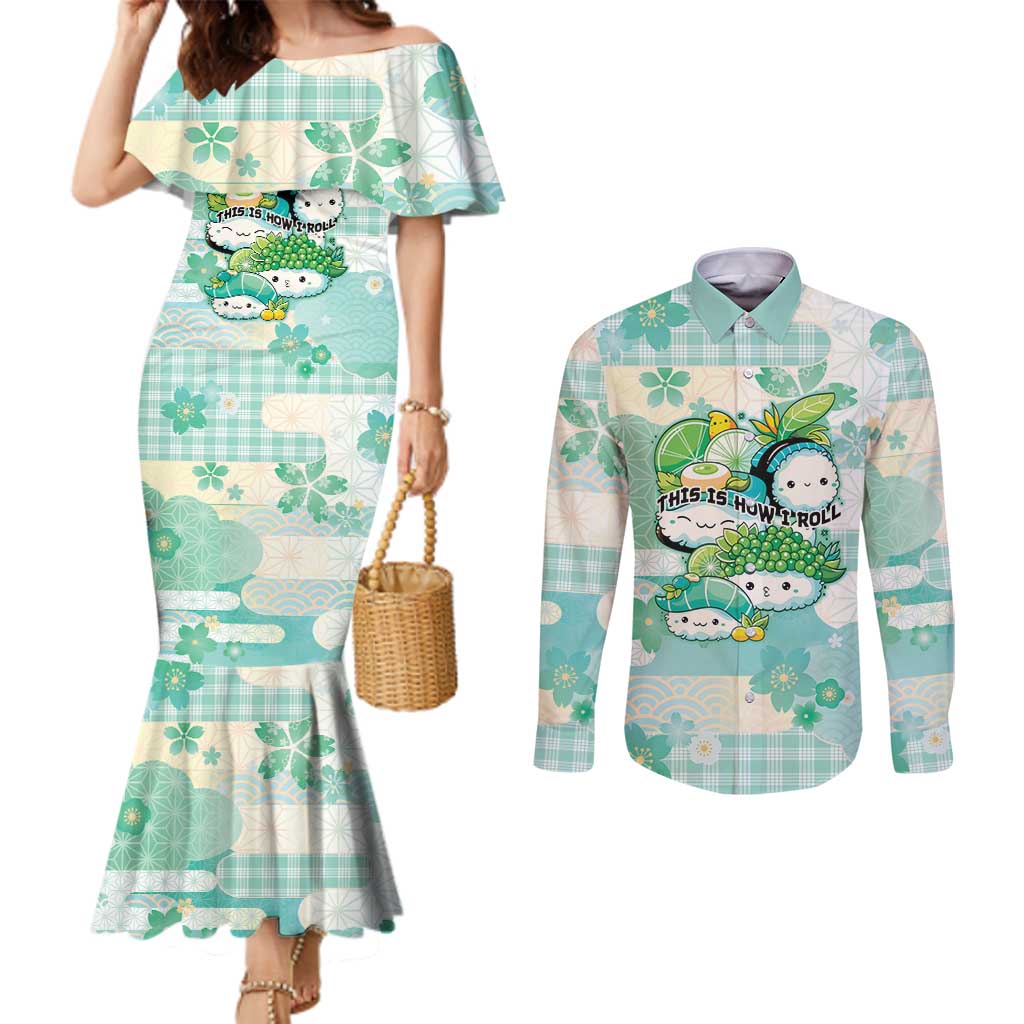 Personalized Japanese Kawaii Sushi Couples Matching Mermaid Dress and Long Sleeve Button Shirt Green Wagara Palaka This Is How I Roll - Wonder Print Shop
