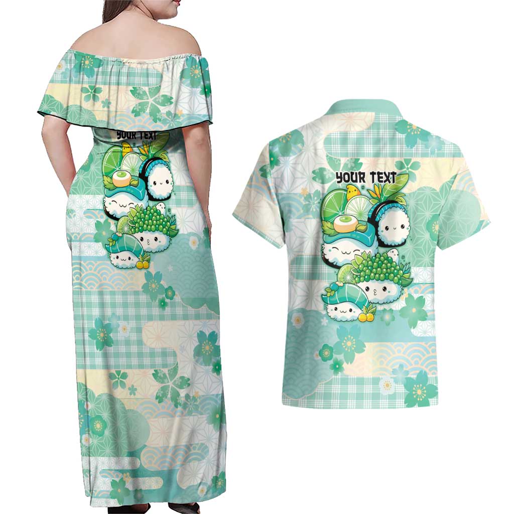 Personalized Japanese Kawaii Sushi Couples Matching Off Shoulder Maxi Dress and Hawaiian Shirt Green Wagara Palaka This Is How I Roll - Wonder Print Shop