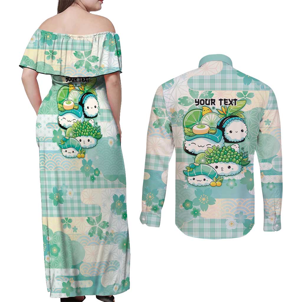 Personalized Japanese Kawaii Sushi Couples Matching Off Shoulder Maxi Dress and Long Sleeve Button Shirt Green Wagara Palaka This Is How I Roll - Wonder Print Shop