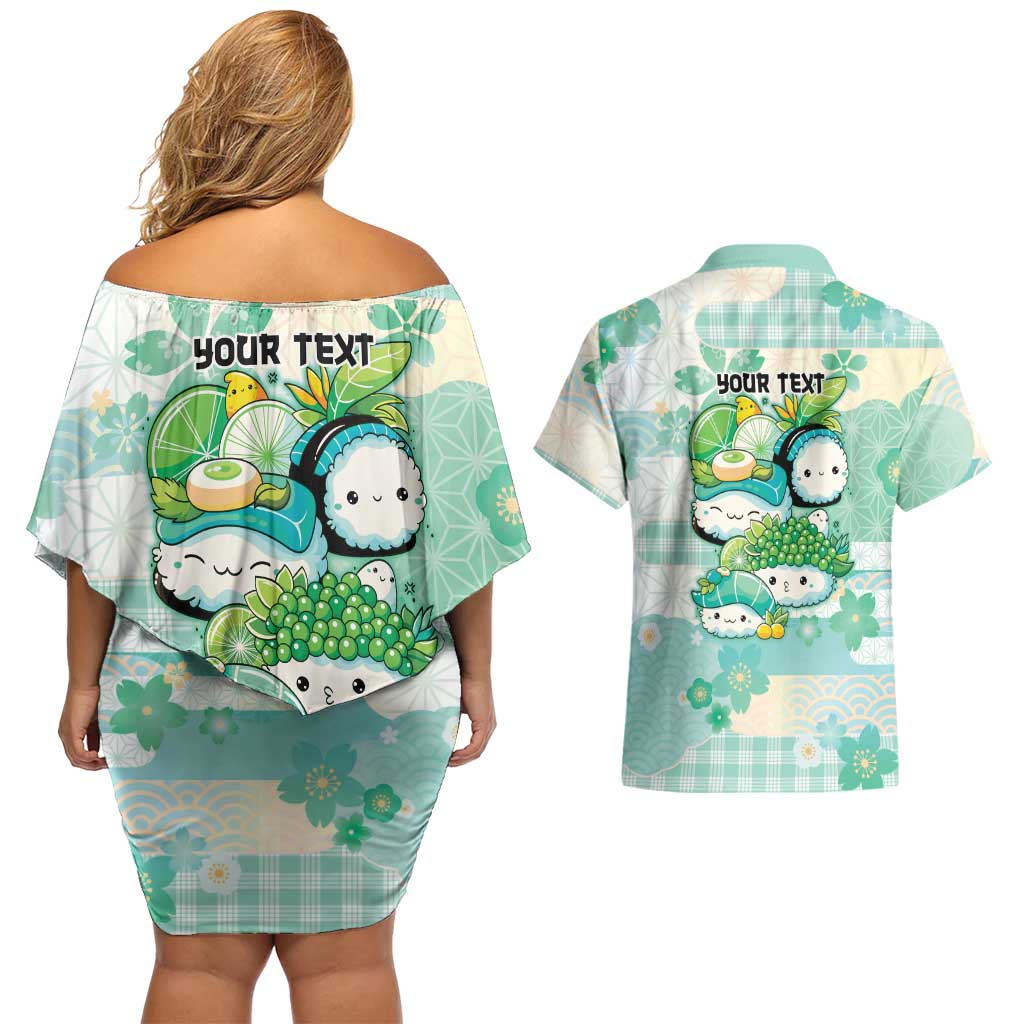 Personalized Japanese Kawaii Sushi Couples Matching Off Shoulder Short Dress and Hawaiian Shirt Green Wagara Palaka This Is How I Roll - Wonder Print Shop