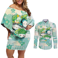 Personalized Japanese Kawaii Sushi Couples Matching Off Shoulder Short Dress and Long Sleeve Button Shirt Green Wagara Palaka This Is How I Roll - Wonder Print Shop