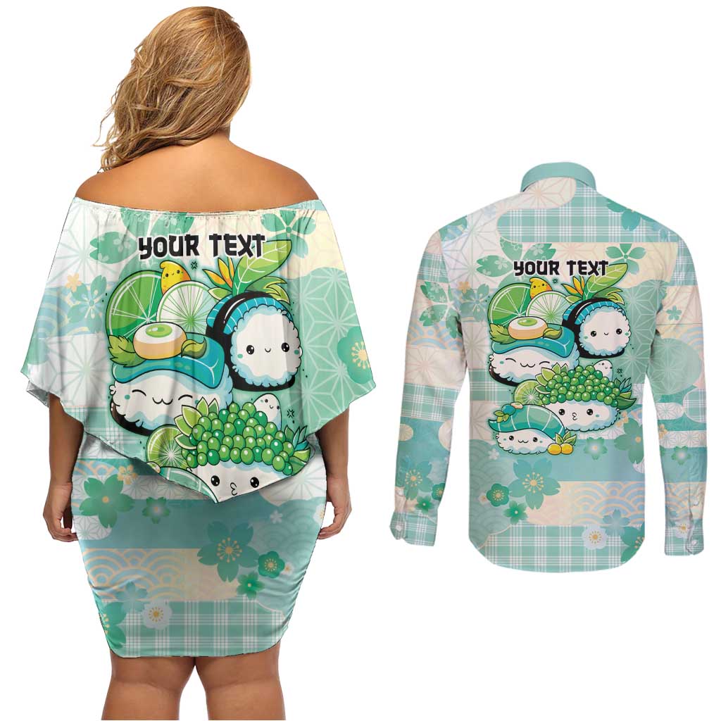Personalized Japanese Kawaii Sushi Couples Matching Off Shoulder Short Dress and Long Sleeve Button Shirt Green Wagara Palaka This Is How I Roll - Wonder Print Shop