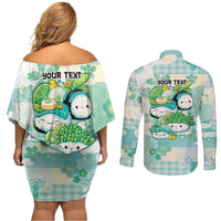 Personalized Japanese Kawaii Sushi Couples Matching Off Shoulder Short Dress and Long Sleeve Button Shirt Green Wagara Palaka This Is How I Roll - Wonder Print Shop