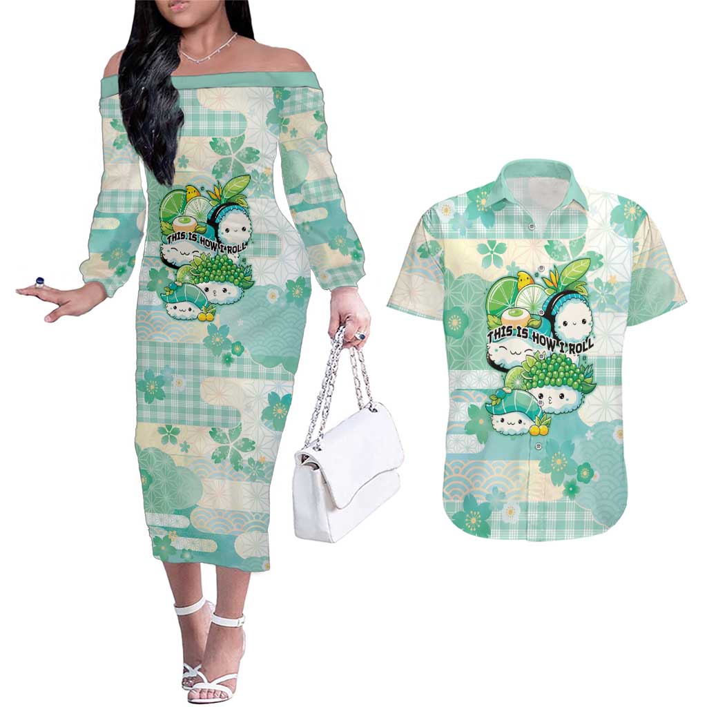 Personalized Japanese Kawaii Sushi Couples Matching Off The Shoulder Long Sleeve Dress and Hawaiian Shirt Green Wagara Palaka This Is How I Roll - Wonder Print Shop