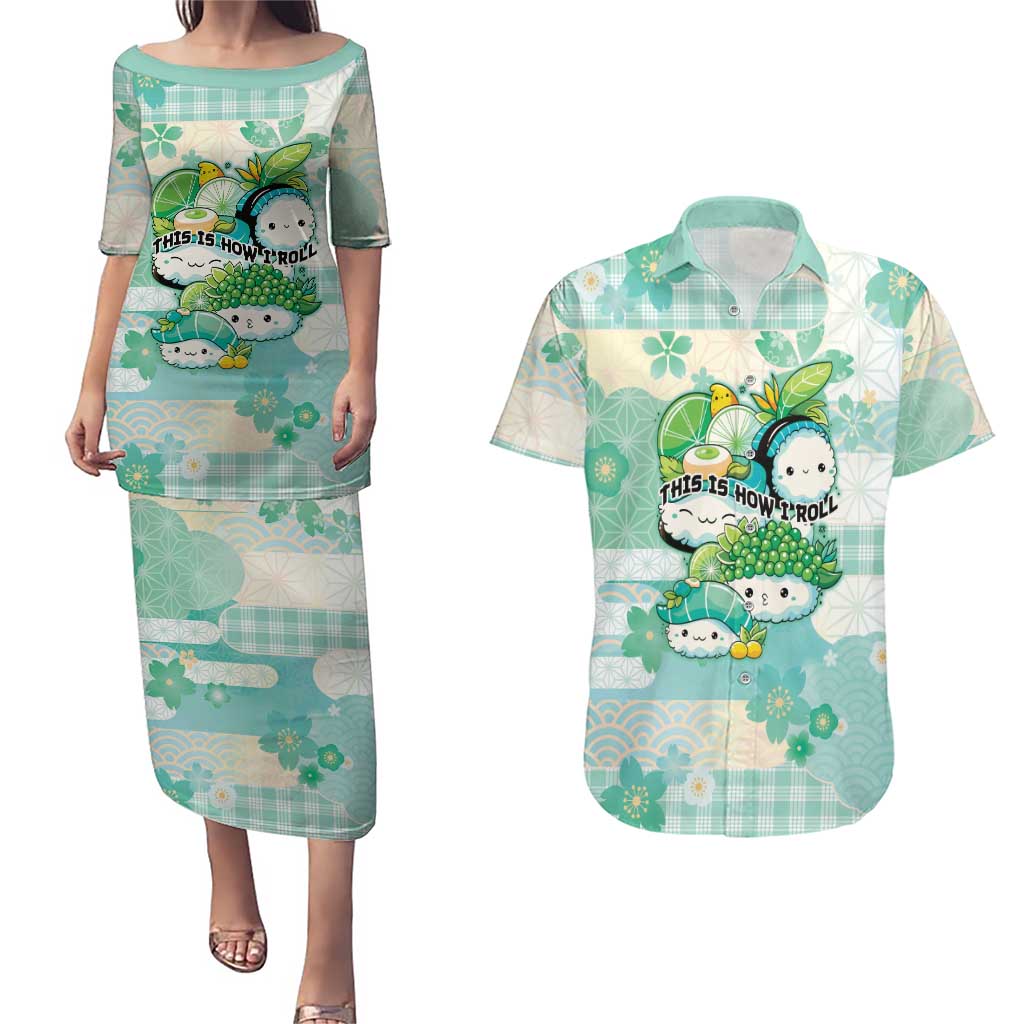 Personalized Japanese Kawaii Sushi Couples Matching Puletasi and Hawaiian Shirt Green Wagara Palaka This Is How I Roll - Wonder Print Shop