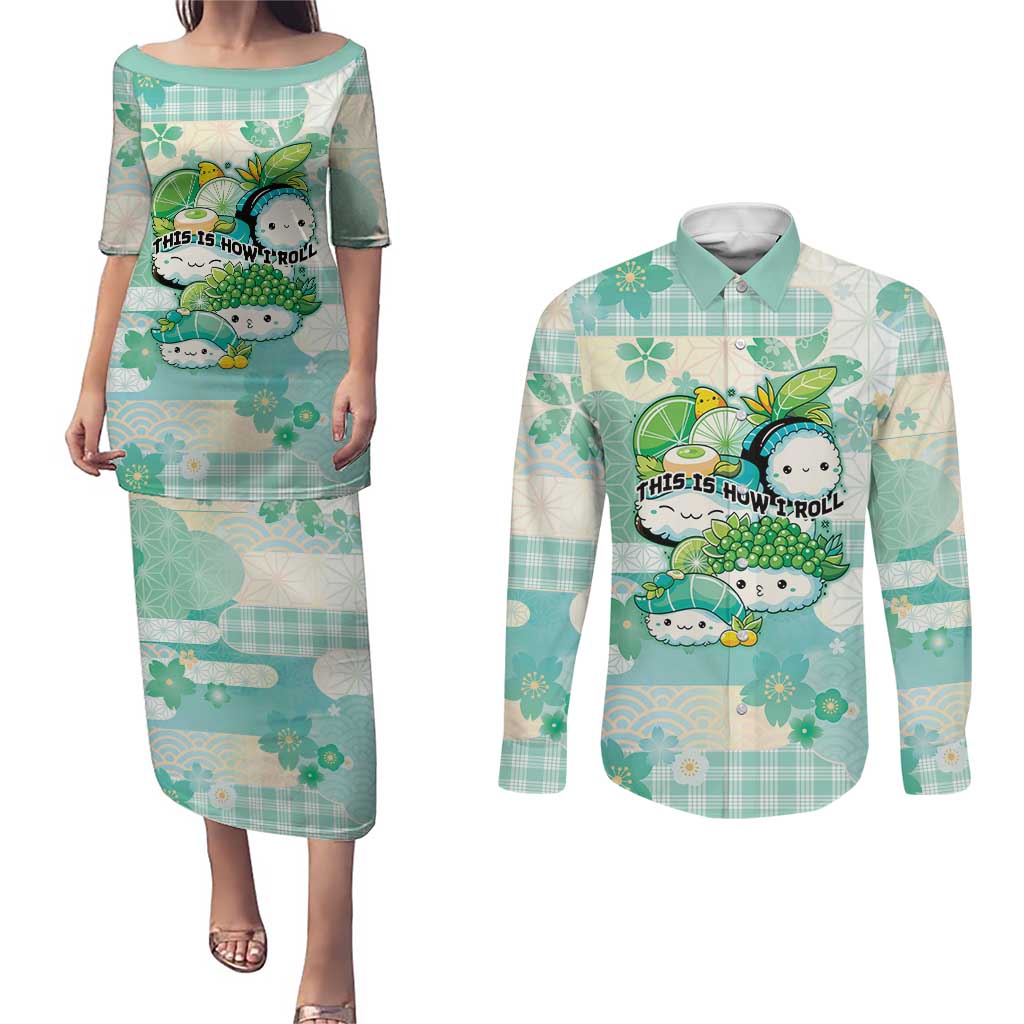 Personalized Japanese Kawaii Sushi Couples Matching Puletasi and Long Sleeve Button Shirt Green Wagara Palaka This Is How I Roll - Wonder Print Shop