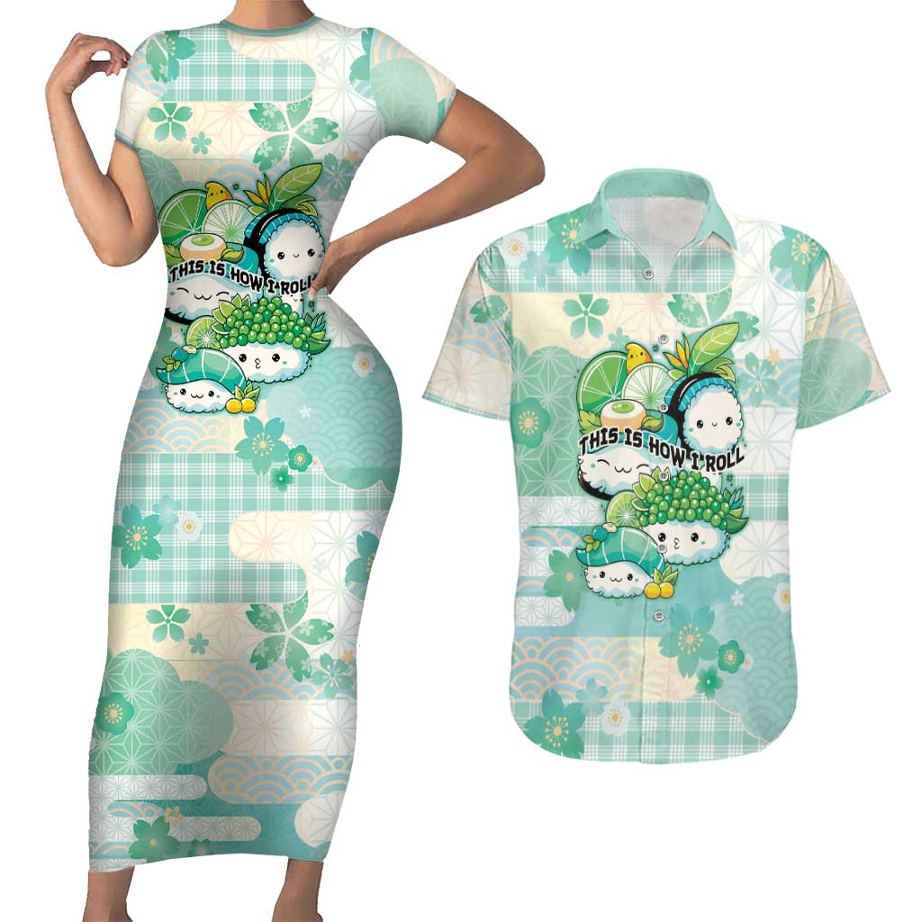 Personalized Japanese Kawaii Sushi Couples Matching Short Sleeve Bodycon Dress and Hawaiian Shirt Green Wagara Palaka This Is How I Roll - Wonder Print Shop