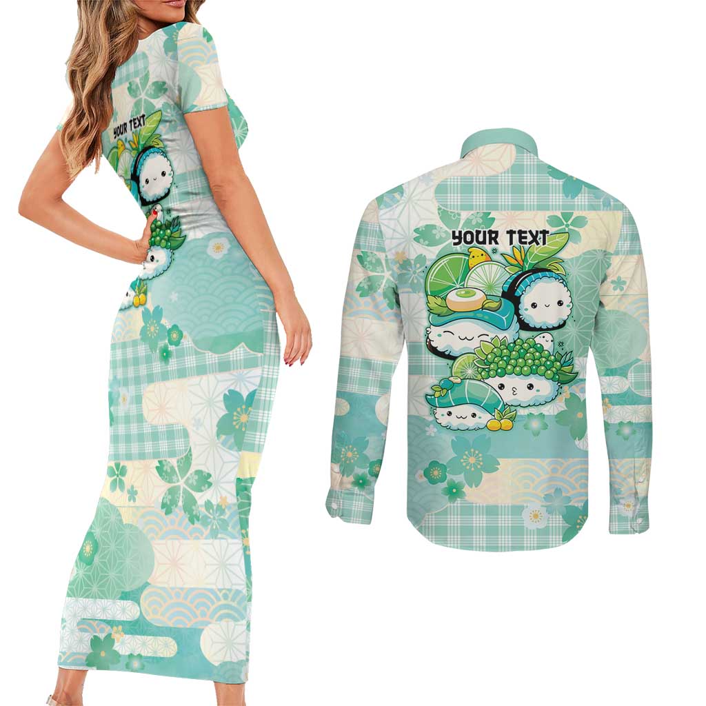 Personalized Japanese Kawaii Sushi Couples Matching Short Sleeve Bodycon Dress and Long Sleeve Button Shirt Green Wagara Palaka This Is How I Roll - Wonder Print Shop