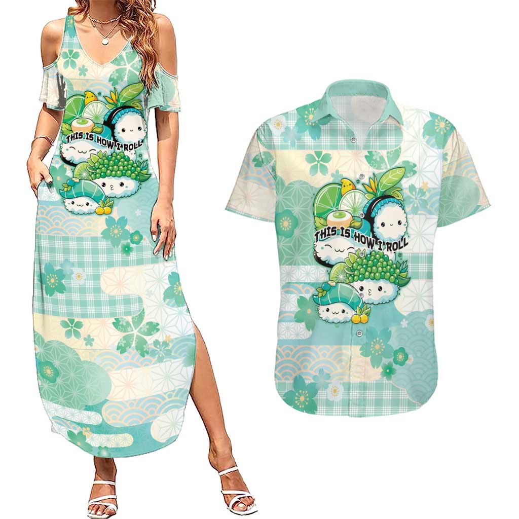 Personalized Japanese Kawaii Sushi Couples Matching Summer Maxi Dress and Hawaiian Shirt Green Wagara Palaka This Is How I Roll - Wonder Print Shop
