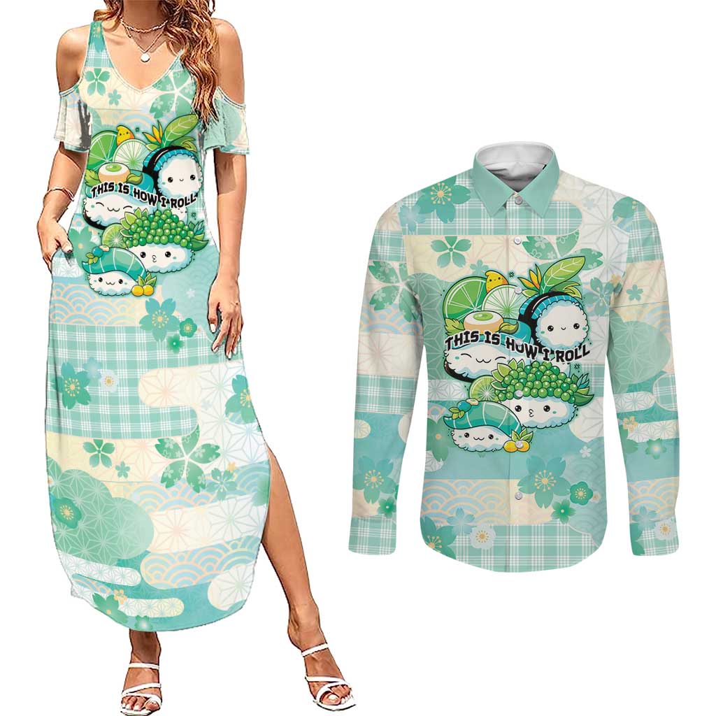 Personalized Japanese Kawaii Sushi Couples Matching Summer Maxi Dress and Long Sleeve Button Shirt Green Wagara Palaka This Is How I Roll - Wonder Print Shop