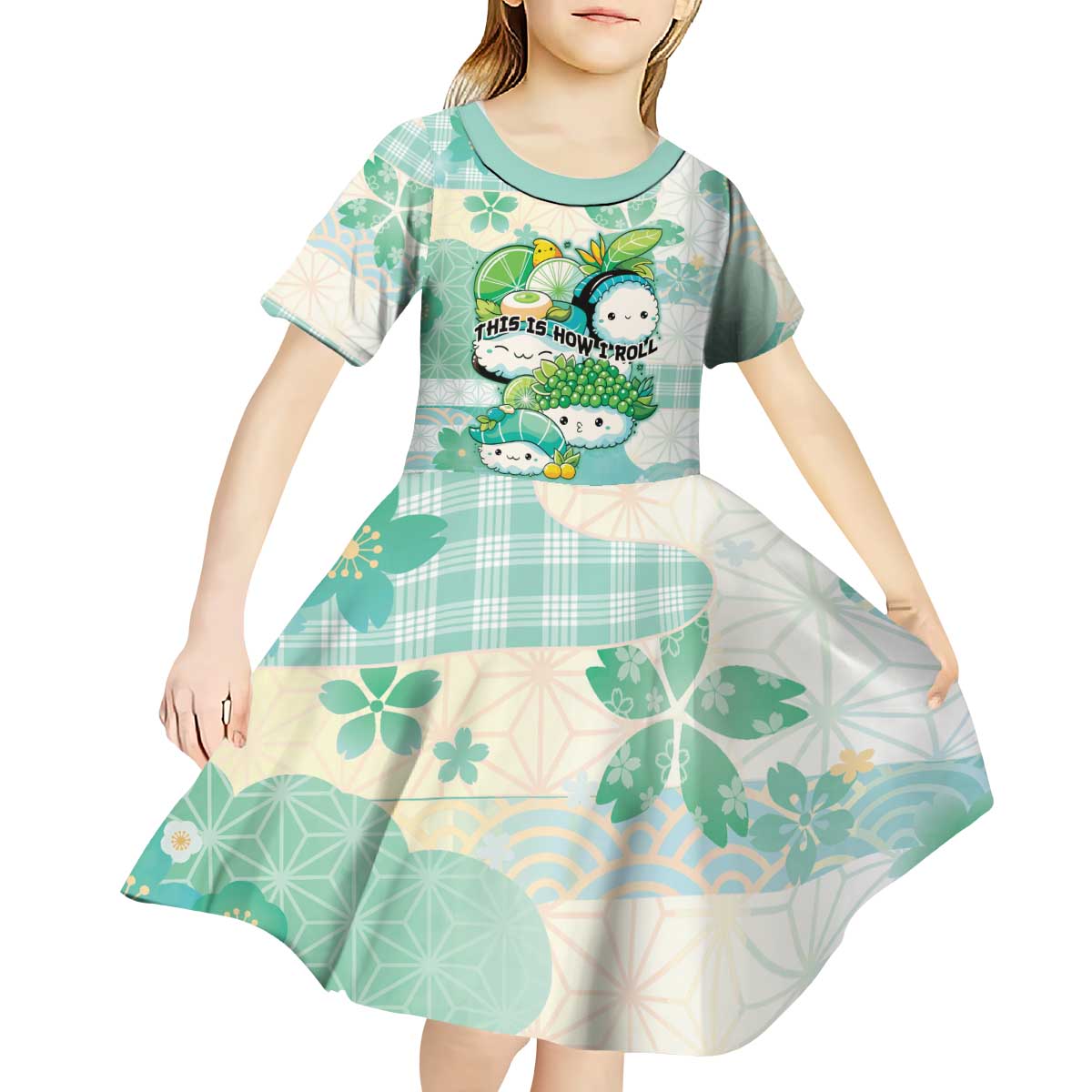 Personalized Japanese Kawaii Sushi Kid Short Sleeve Dress Green Wagara Palaka This Is How I Roll - Wonder Print Shop