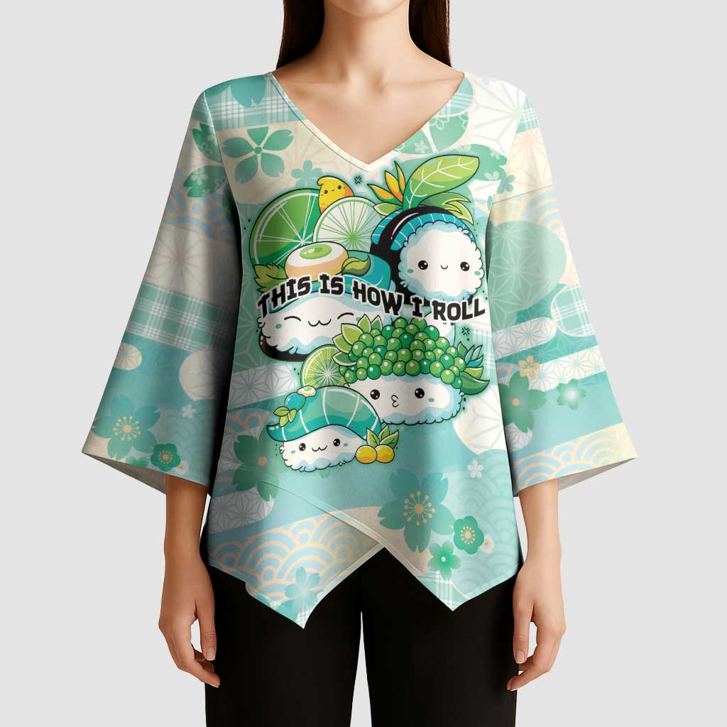 Personalized Japanese Kawaii Sushi Kimono Sleeve Blouse Green Wagara Palaka This Is How I Roll - Wonder Print Shop