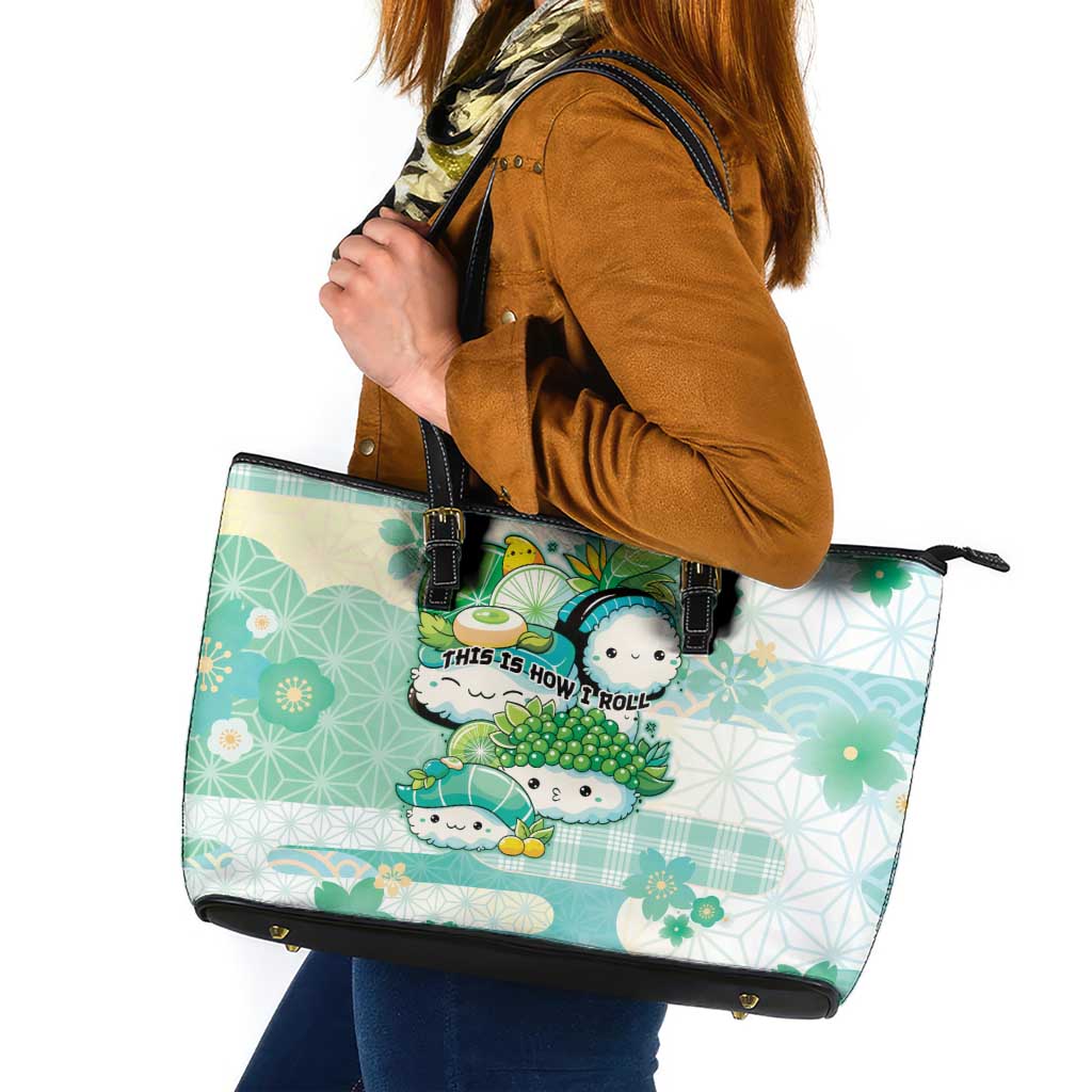 Japanese Kawaii Sushi Leather Tote Bag Green Wagara Palaka This Is How I Roll - Wonder Print Shop