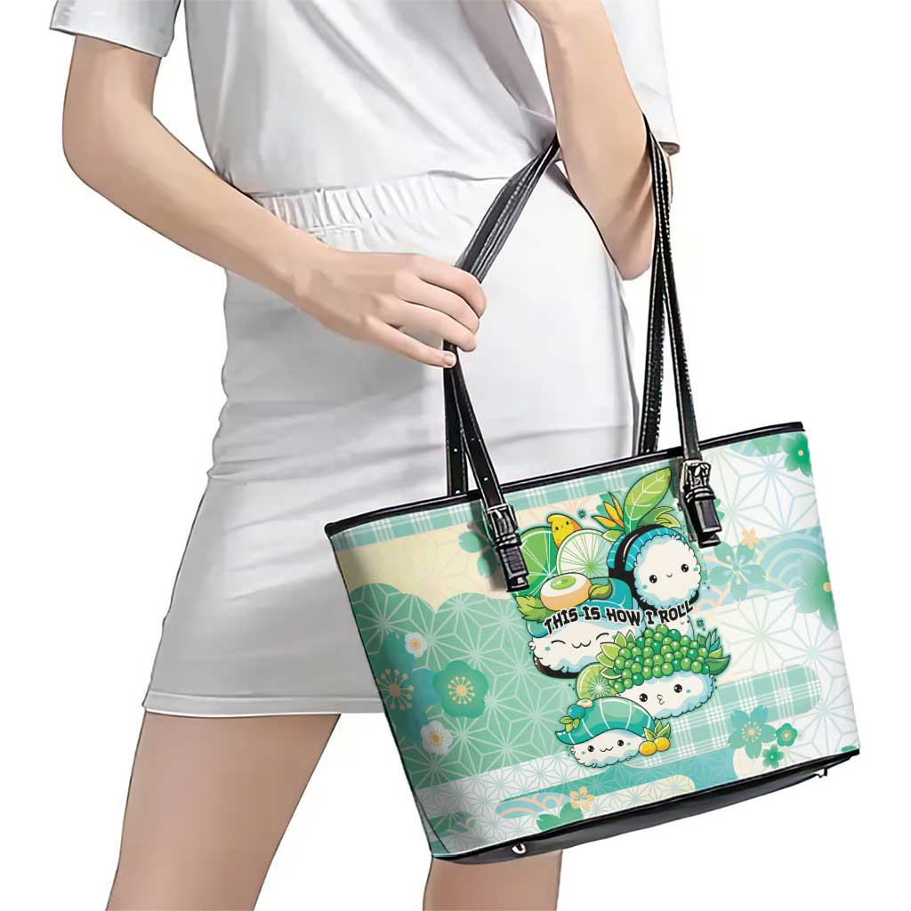Japanese Kawaii Sushi Leather Tote Bag Green Wagara Palaka This Is How I Roll - Wonder Print Shop