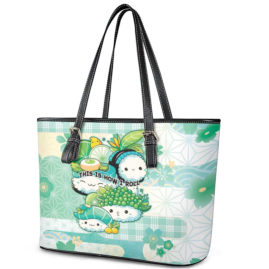 Japanese Kawaii Sushi Leather Tote Bag Green Wagara Palaka This Is How I Roll - Wonder Print Shop