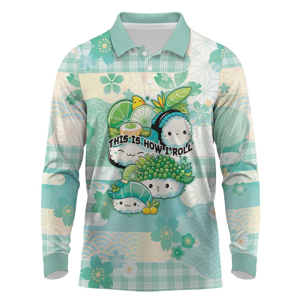 Personalized Japanese Kawaii Sushi Long Sleeve Polo Shirt Green Wagara Palaka This Is How I Roll - Wonder Print Shop