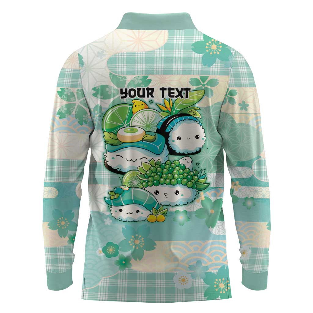 Personalized Japanese Kawaii Sushi Long Sleeve Polo Shirt Green Wagara Palaka This Is How I Roll - Wonder Print Shop