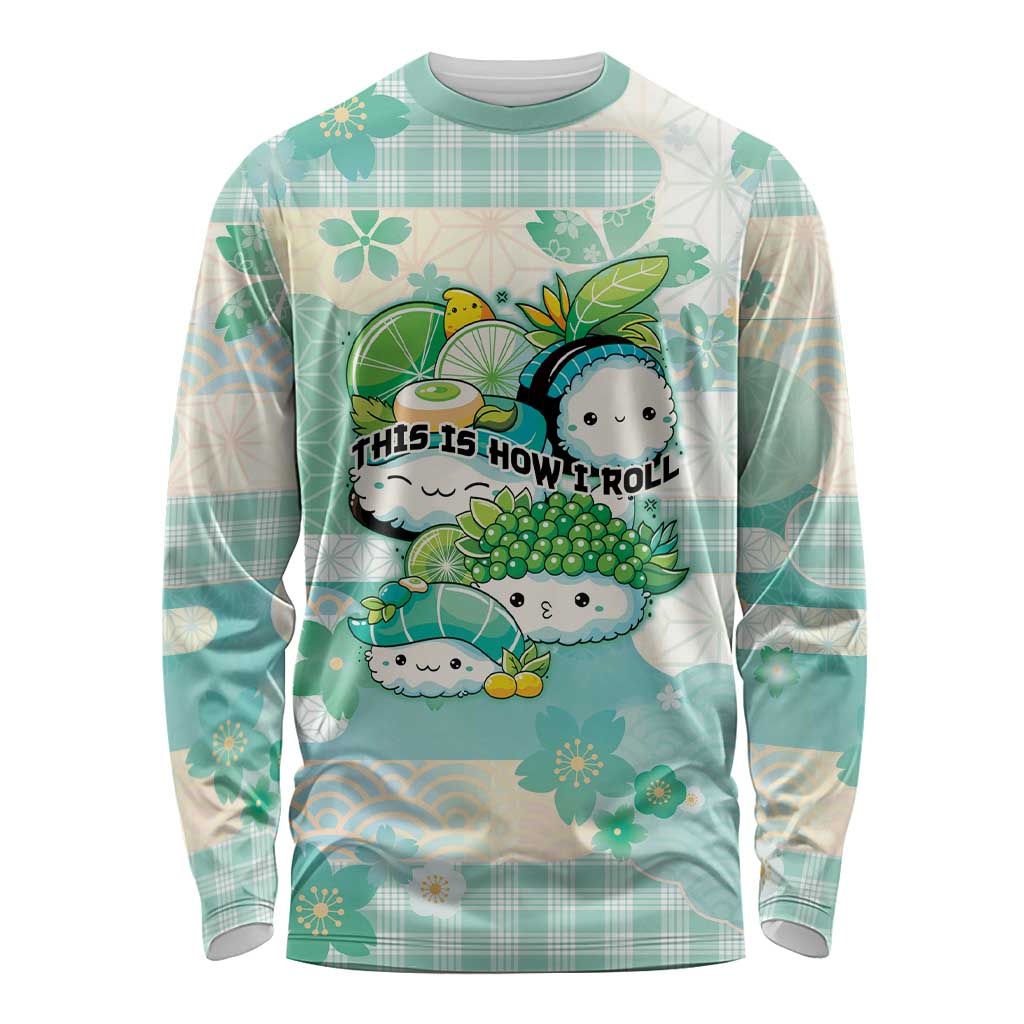 Personalized Japanese Kawaii Sushi Long Sleeve Shirt Green Wagara Palaka This Is How I Roll - Wonder Print Shop