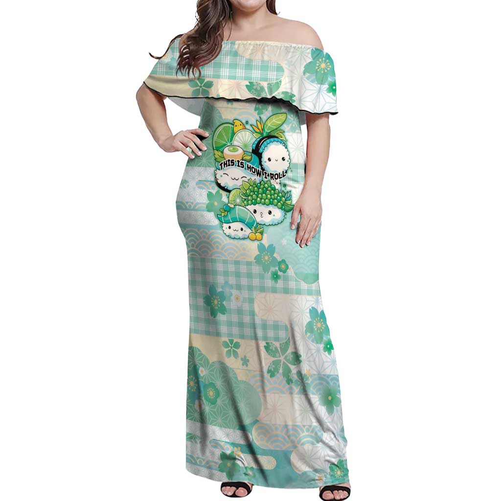 Personalized Japanese Kawaii Sushi Off Shoulder Maxi Dress Green Wagara Palaka This Is How I Roll - Wonder Print Shop