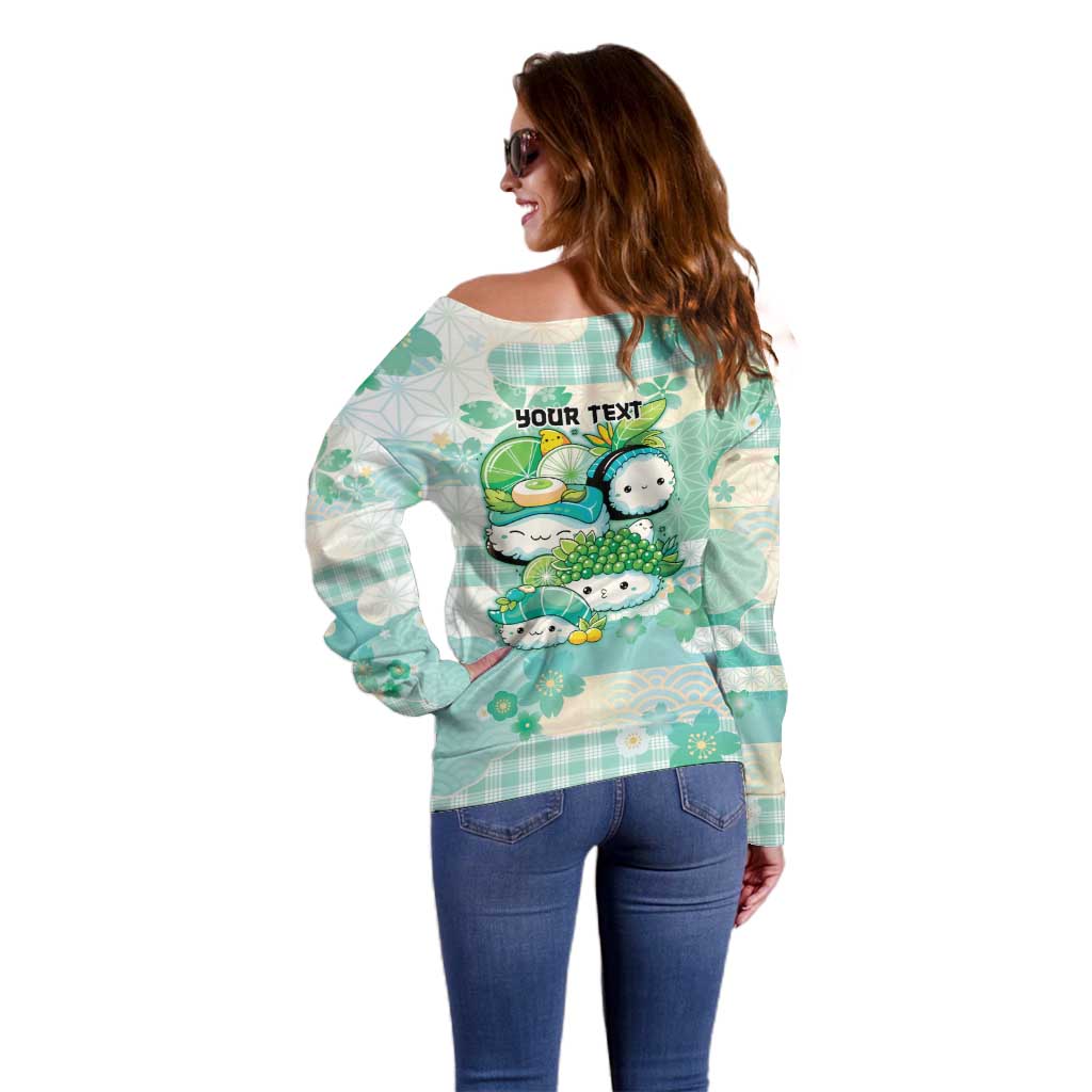 Personalized Japanese Kawaii Sushi Off Shoulder Sweater Green Wagara Palaka This Is How I Roll - Wonder Print Shop
