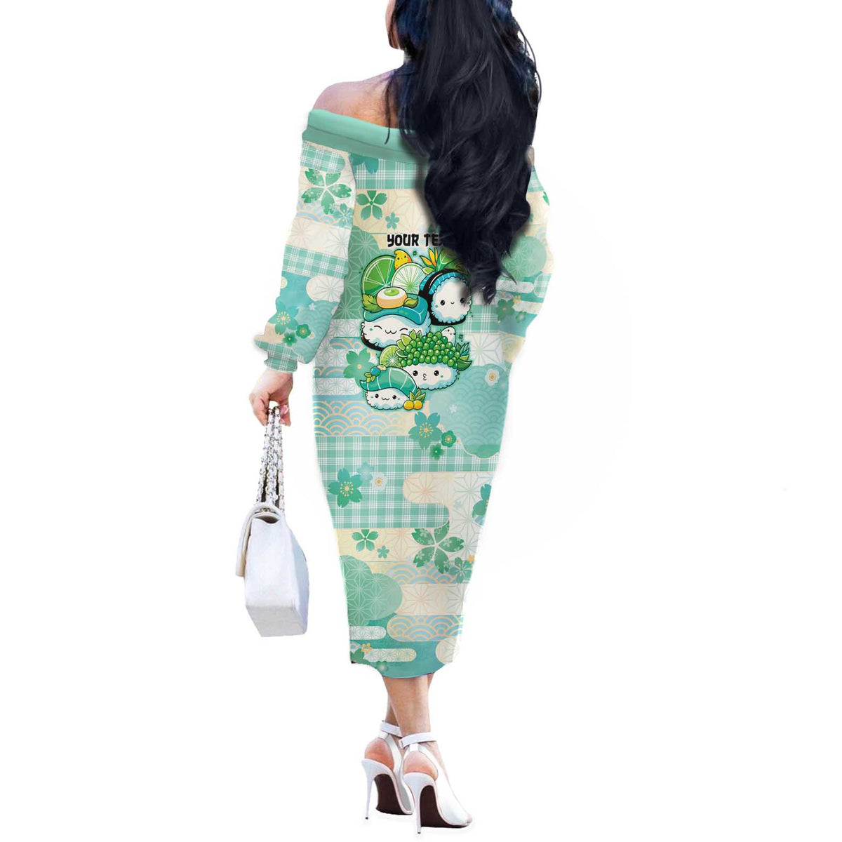 Personalized Japanese Kawaii Sushi Off The Shoulder Long Sleeve Dress Green Wagara Palaka This Is How I Roll - Wonder Print Shop