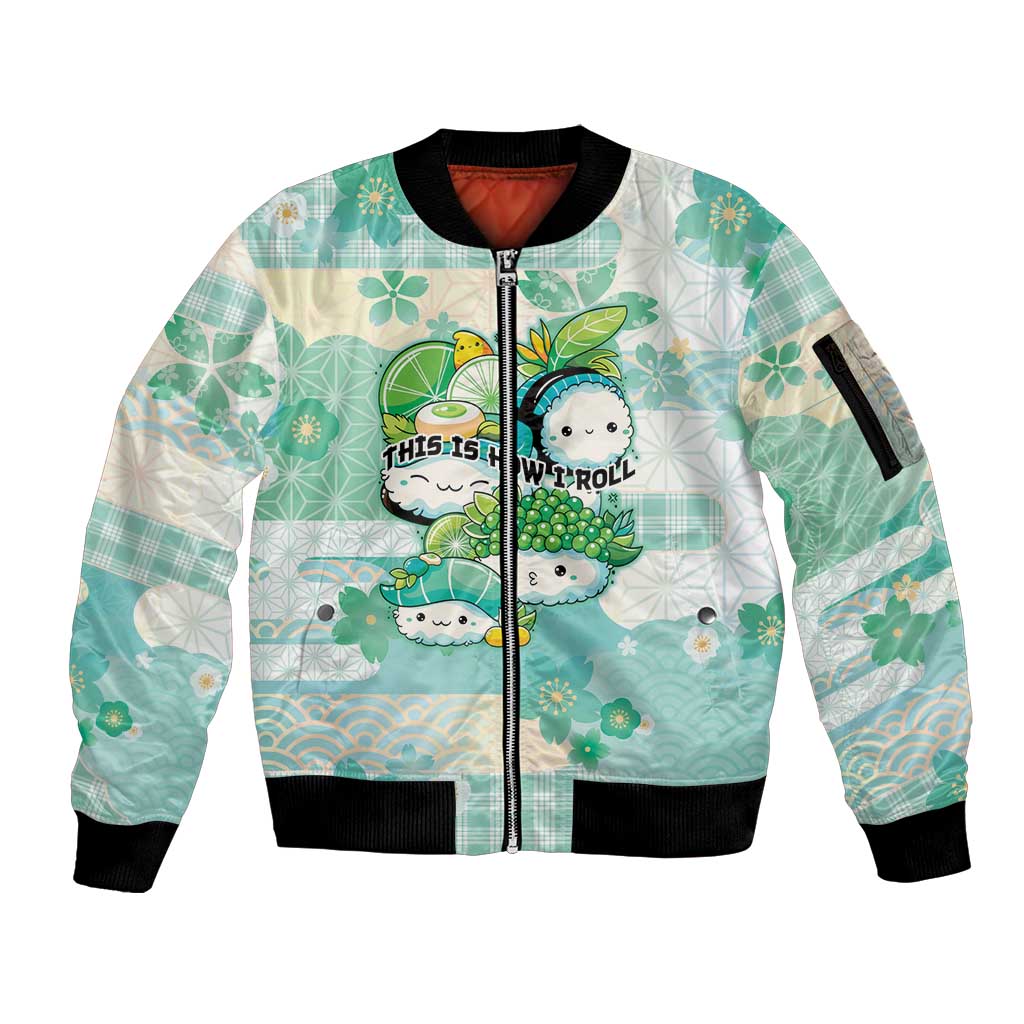 Personalized Japanese Kawaii Sushi Sleeve Zip Bomber Jacket Green Wagara Palaka This Is How I Roll - Wonder Print Shop