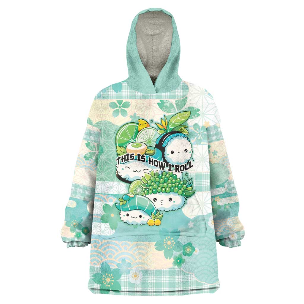 Personalized Japanese Kawaii Sushi Wearable Blanket Hoodie Green Wagara Palaka This Is How I Roll - Wonder Print Shop