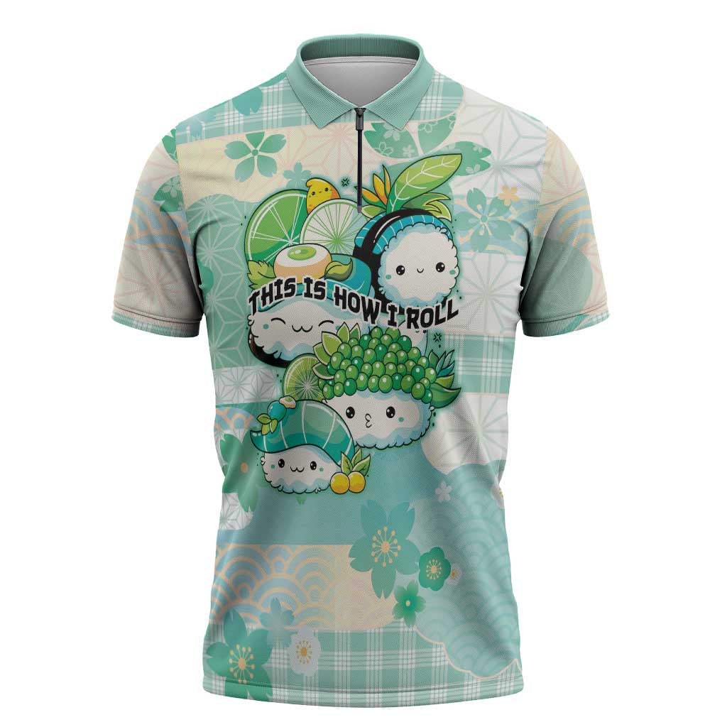 Personalized Japanese Kawaii Sushi Zipper Polo Shirt Green Wagara Palaka This Is How I Roll - Wonder Print Shop