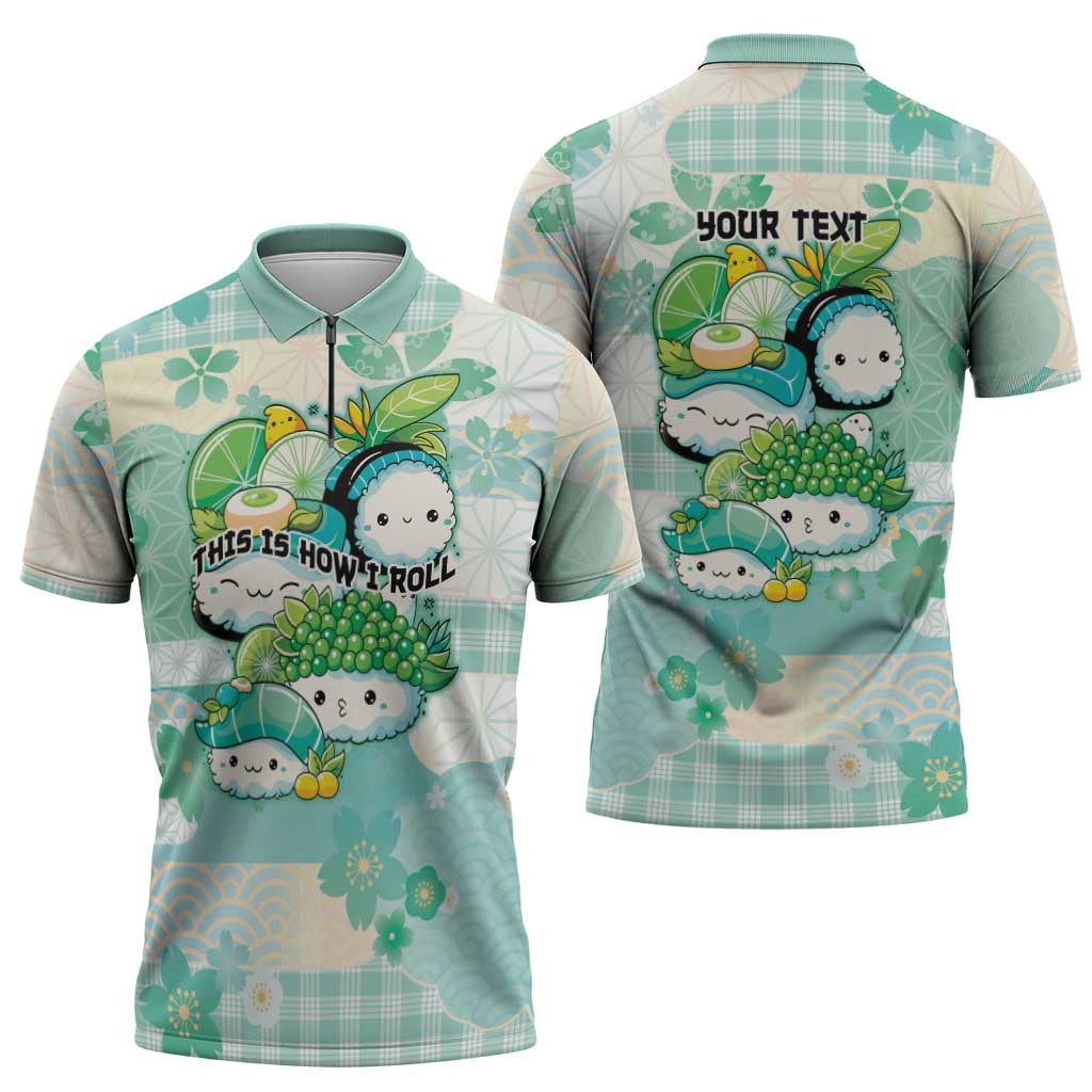 Personalized Japanese Kawaii Sushi Zipper Polo Shirt Green Wagara Palaka This Is How I Roll - Wonder Print Shop