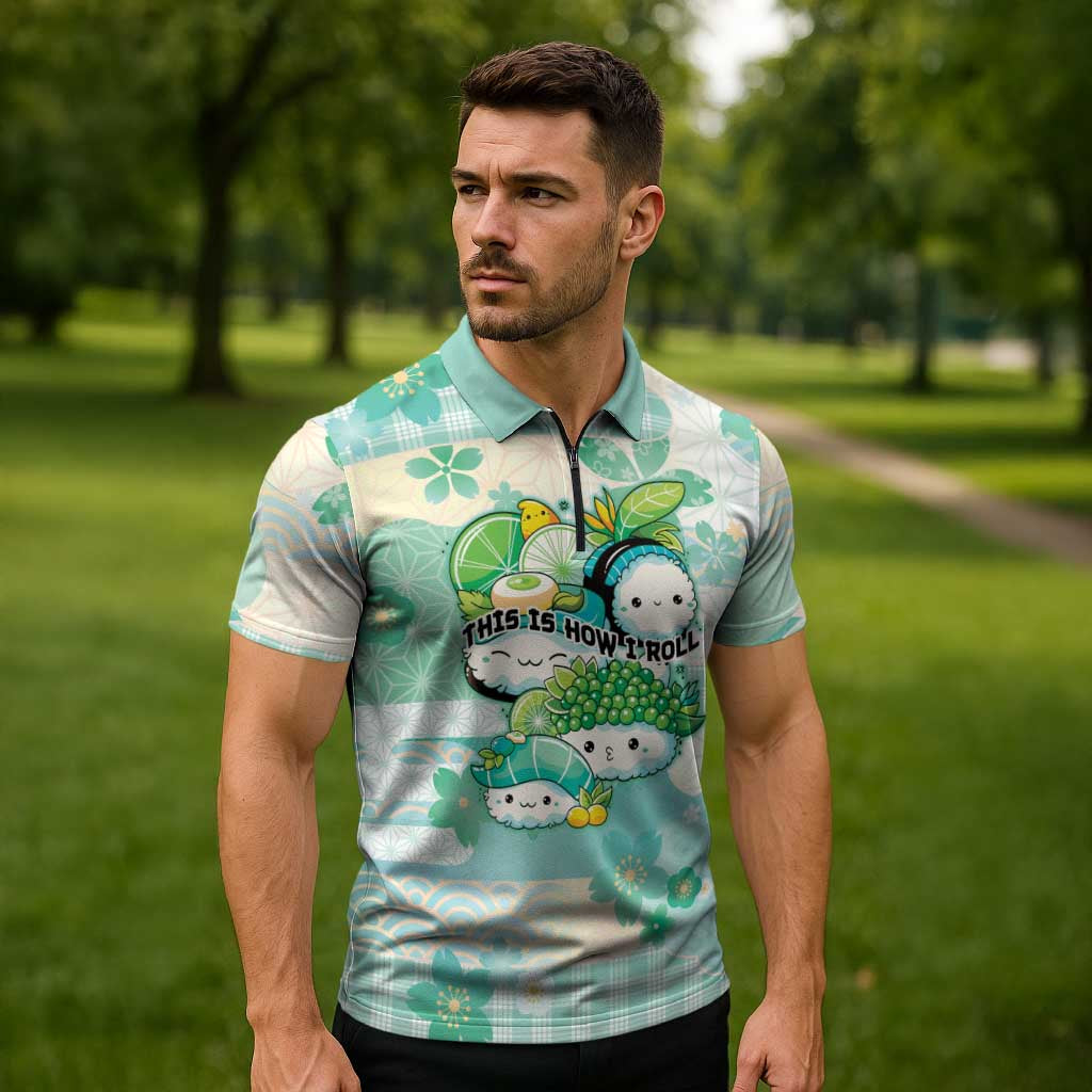 Personalized Japanese Kawaii Sushi Zipper Polo Shirt Green Wagara Palaka This Is How I Roll - Wonder Print Shop