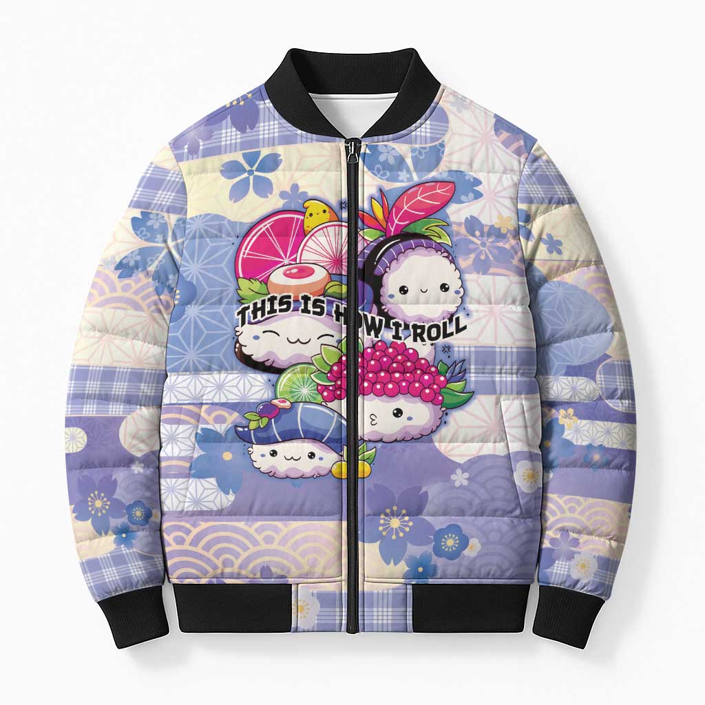 Personalized Japanese Kawaii Sushi Bomber Puffer Jacket Blue Wagara Palaka This Is How I Roll - Wonder Print Shop