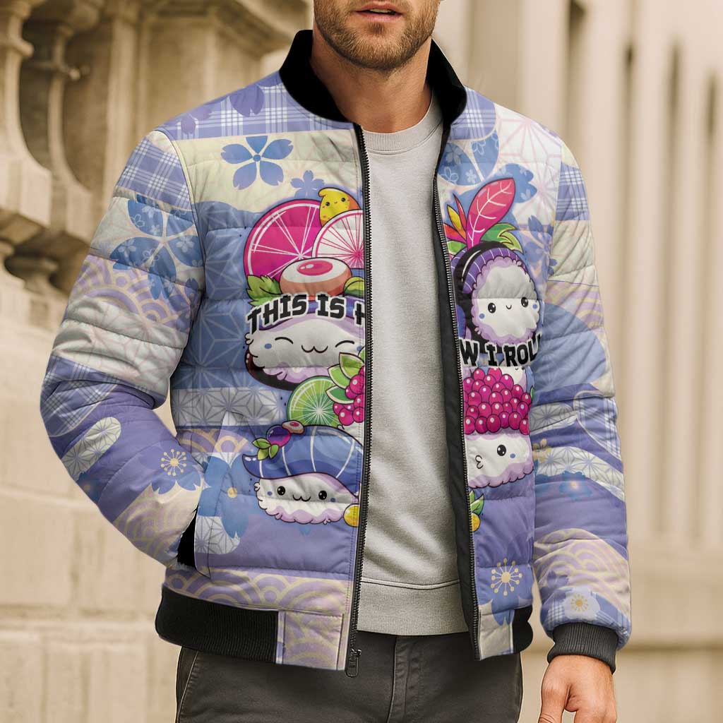Personalized Japanese Kawaii Sushi Bomber Puffer Jacket Blue Wagara Palaka This Is How I Roll - Wonder Print Shop