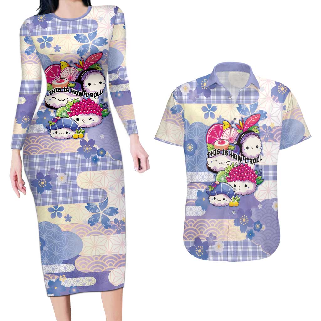 Personalized Japanese Kawaii Sushi Couples Matching Long Sleeve Bodycon Dress and Hawaiian Shirt Blue Wagara Palaka This Is How I Roll - Wonder Print Shop