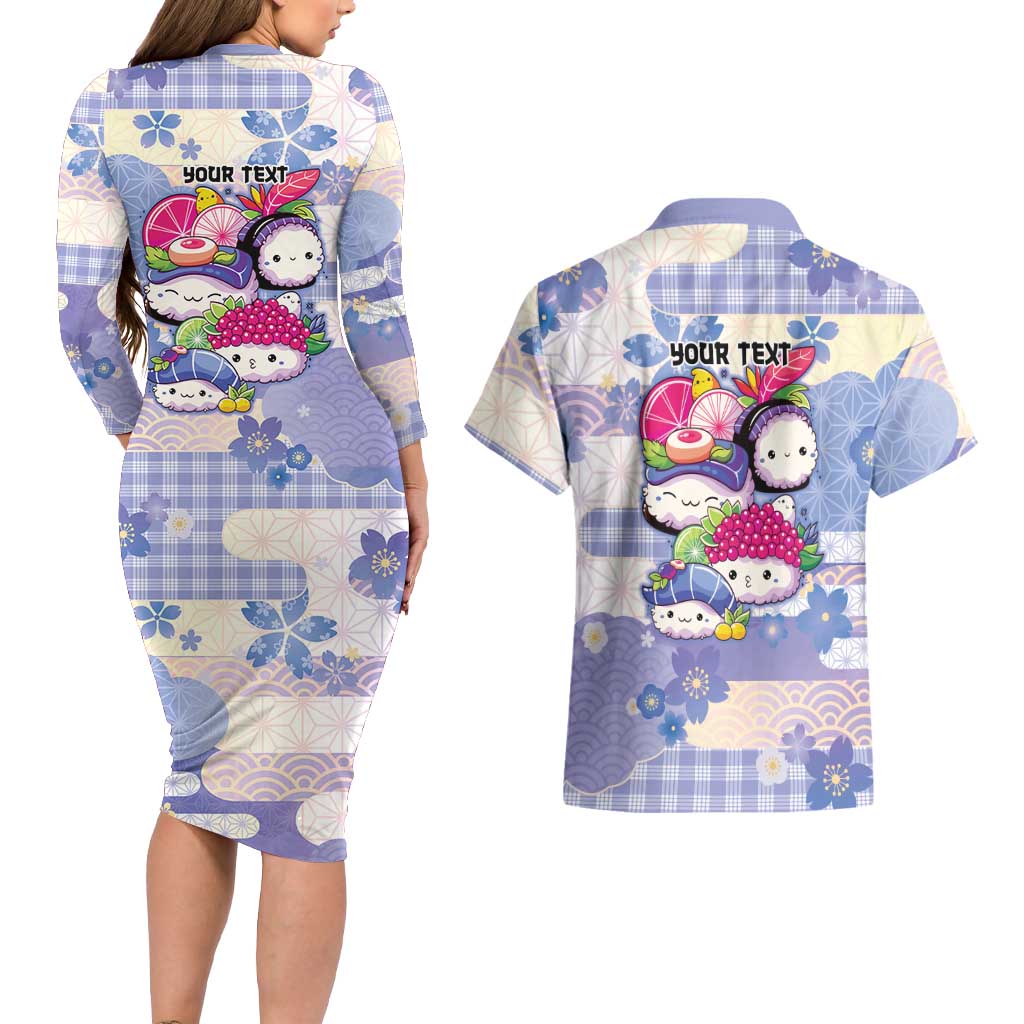 Personalized Japanese Kawaii Sushi Couples Matching Long Sleeve Bodycon Dress and Hawaiian Shirt Blue Wagara Palaka This Is How I Roll - Wonder Print Shop
