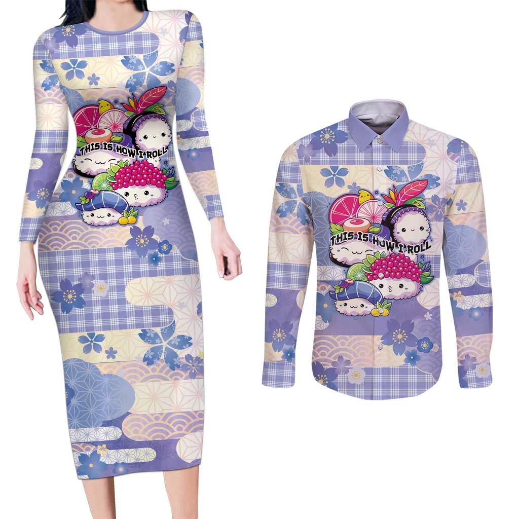 Personalized Japanese Kawaii Sushi Couples Matching Long Sleeve Bodycon Dress and Long Sleeve Button Shirt Blue Wagara Palaka This Is How I Roll - Wonder Print Shop