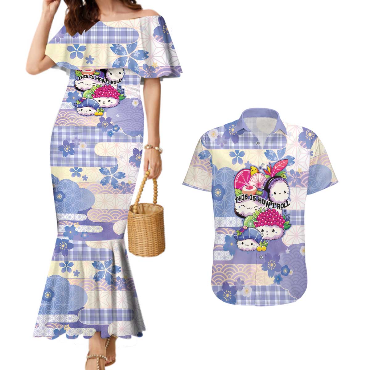 Personalized Japanese Kawaii Sushi Couples Matching Mermaid Dress and Hawaiian Shirt Blue Wagara Palaka This Is How I Roll - Wonder Print Shop