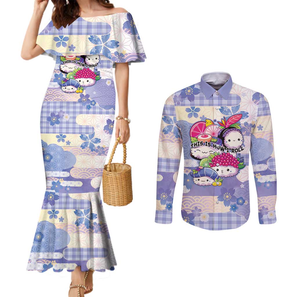 Personalized Japanese Kawaii Sushi Couples Matching Mermaid Dress and Long Sleeve Button Shirt Blue Wagara Palaka This Is How I Roll - Wonder Print Shop