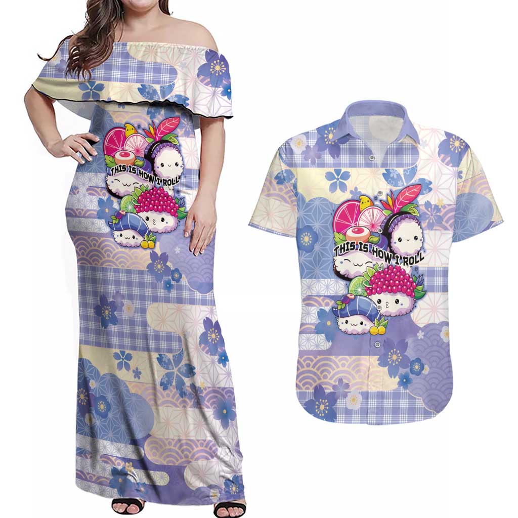 Personalized Japanese Kawaii Sushi Couples Matching Off Shoulder Maxi Dress and Hawaiian Shirt Blue Wagara Palaka This Is How I Roll - Wonder Print Shop