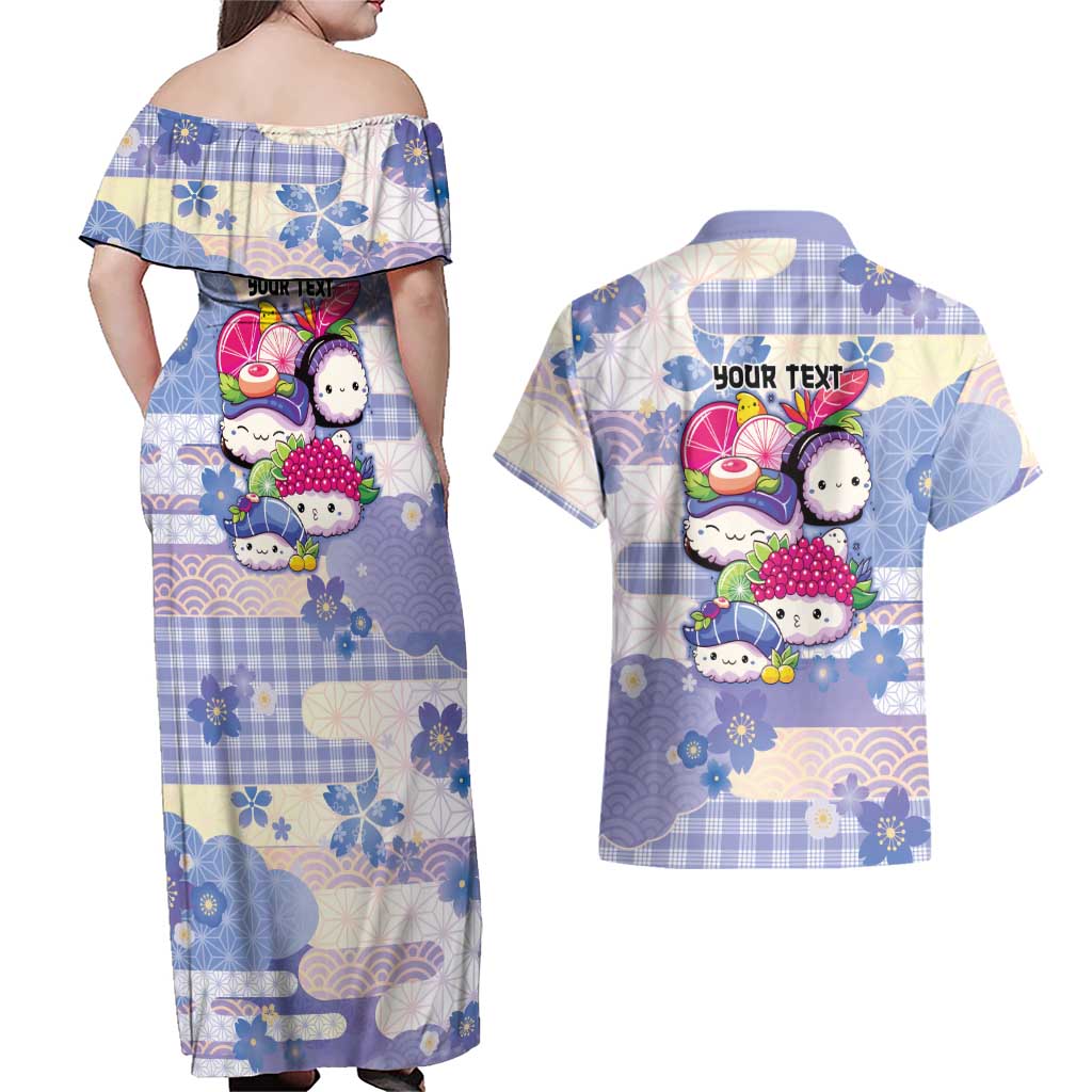 Personalized Japanese Kawaii Sushi Couples Matching Off Shoulder Maxi Dress and Hawaiian Shirt Blue Wagara Palaka This Is How I Roll - Wonder Print Shop